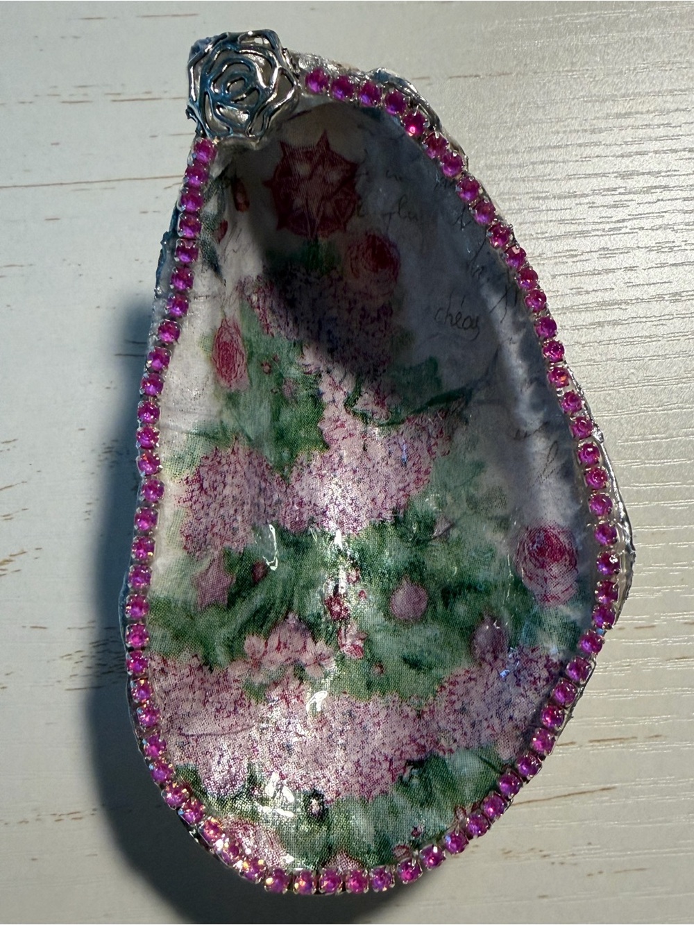 Beautiful handmade pink Christmas tree decoupage oyster trinket dish